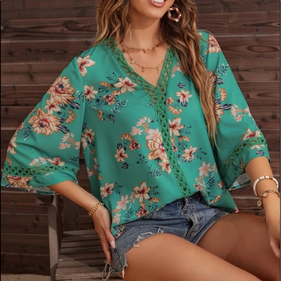 Boho Floral Sheer Mesh Lace Insert Top Blouse Green - Picture 9 of 10